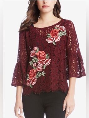 Karen Kane Burgundy Lace Top with Red and Green Embroidery